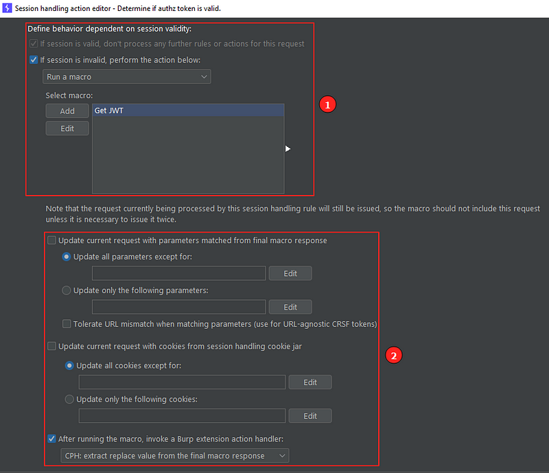 Second part of the action editor for a session handling rule