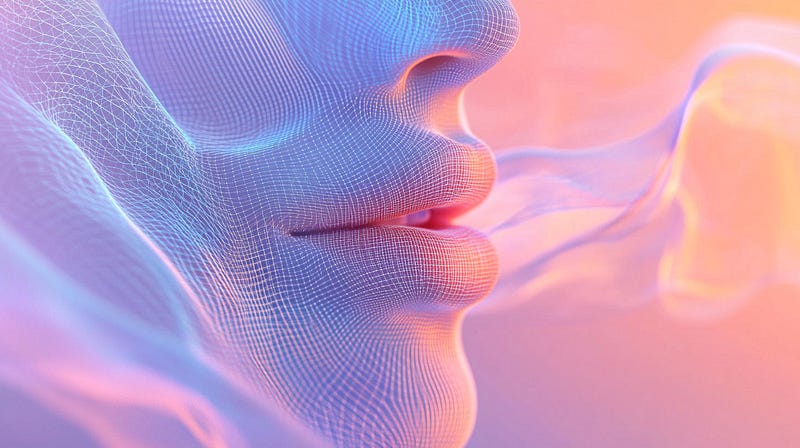 The image features a close-up of a human face, specifically the lips and nose, rendered in a futuristic digital mesh style. T