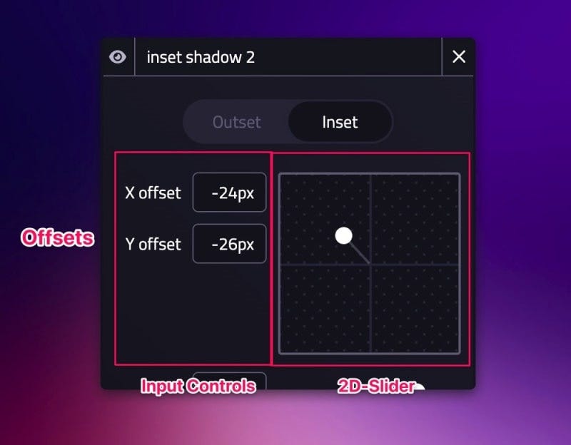X/Y Offsets Box Shadow controls via a 2D-slider or text inputs