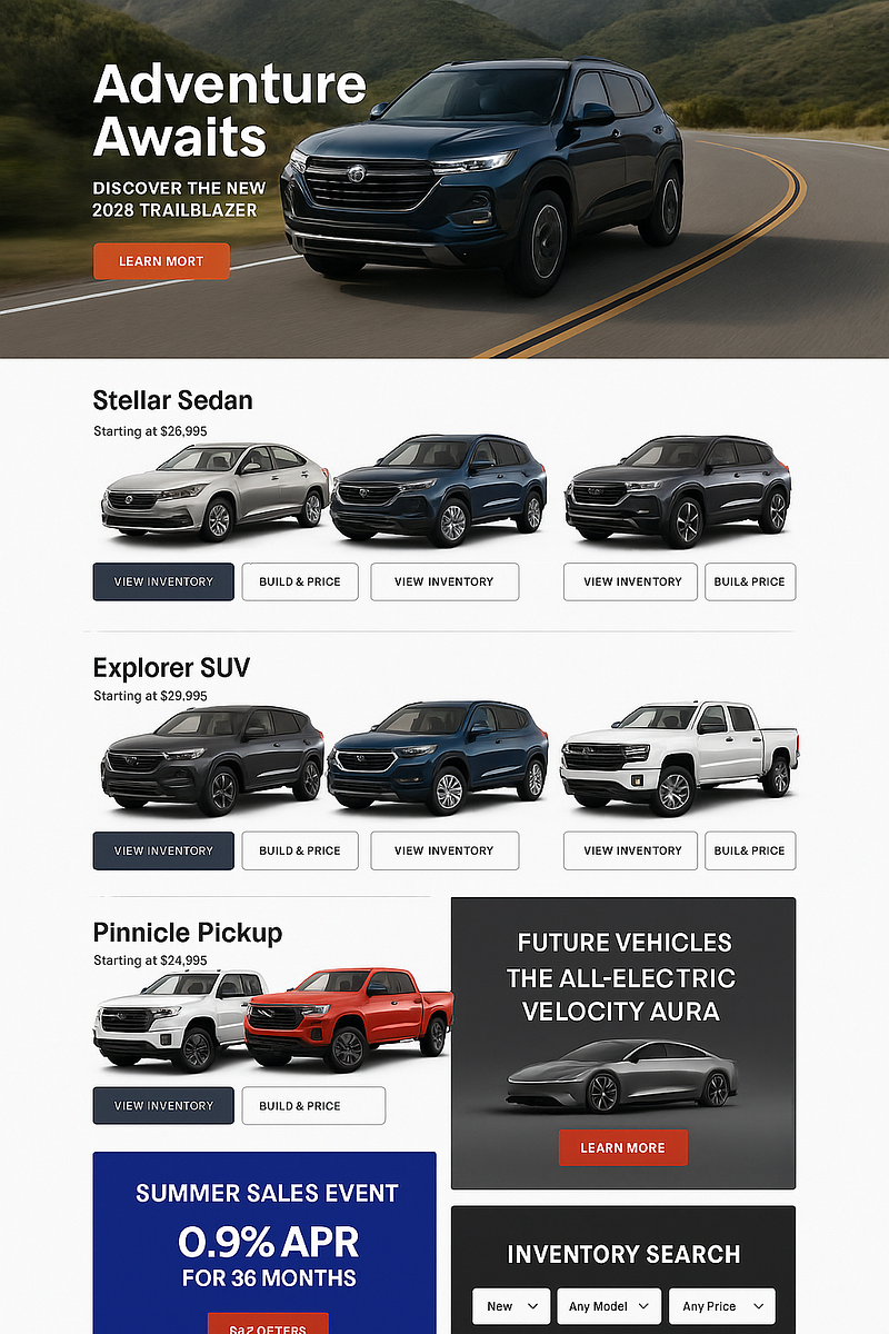 Product listing page for an automotive storefront showing a large hero promotion, grouped vehicle categories with pricing, inventory and build buttons, promotional banners, and an inventory search panel arranged in a multi-section layout.