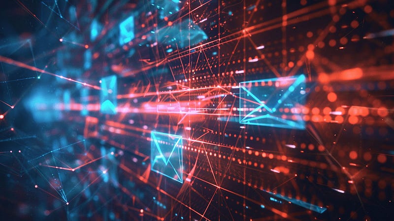 Abstract, futuristic digital network with glowing red lines and dots on a dark background. Blue outlines of mail icons appear to be floating.