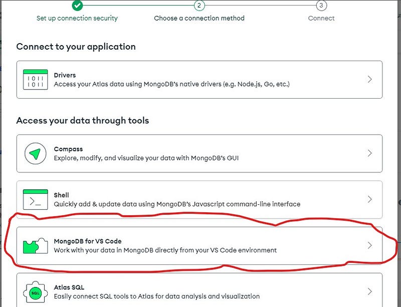 When trying to connect mongodb collection, click on mongodb for vscode or you can select a different tool you’re comfortable with