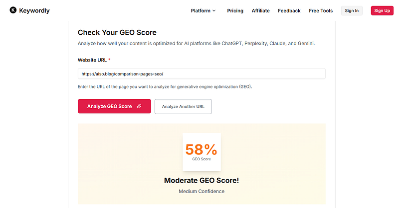 keywordly geo score analyzer example at AISO Blog