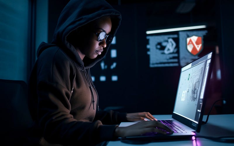 A woman with a dark skin color wearing a hoodie in front of a laptop, a large monitor in the background shows the AppArmor lo
