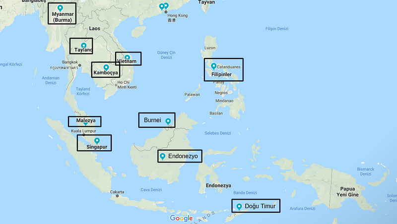 Güneydoğu Asya Vizesiz Ülkeler google maps