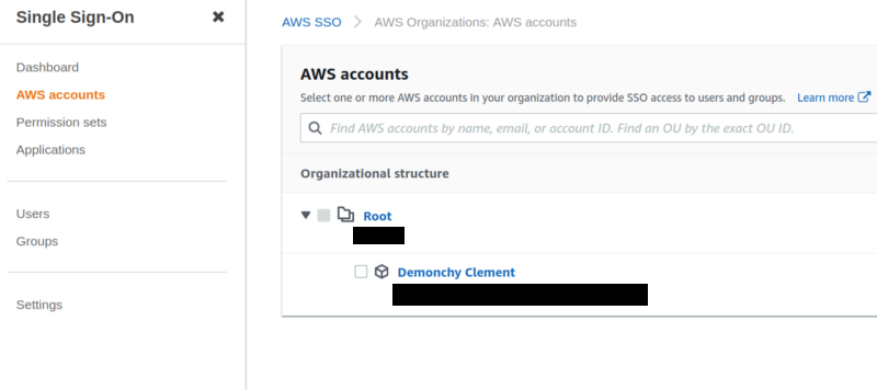 A display of my AWS account under AWS sso, at the root we have the Root user his id, below my default account with my name, his account id and my mail striked out