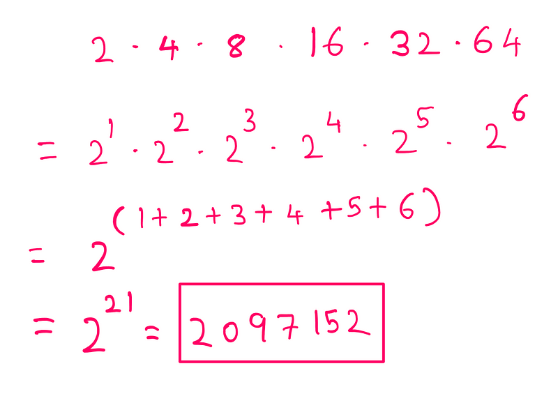 The story of Logarithms: 2*4*8*16*32*64 = 2¹*2²*2³*2⁴*2⁵*2⁶ = 2^(1+2+3+4+5+6) = 2²¹ = 2097152