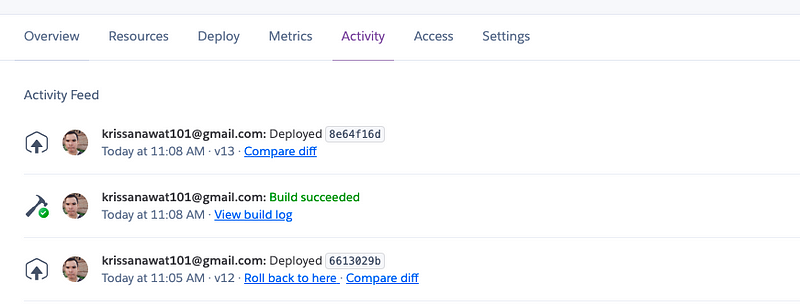 Heroku auto-deploy activity in the Activity tab