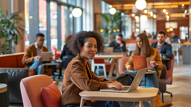 a diverse group of employees working collaboratively on laptops in a common area