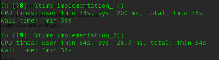 Timing results of both implementations