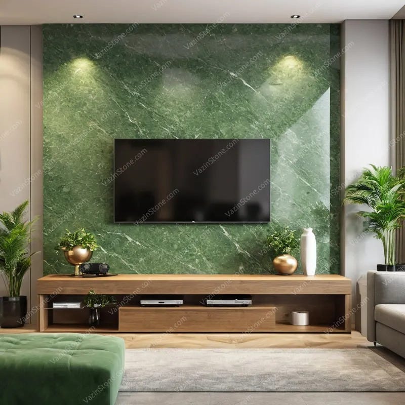 Green granite slab stone on TV wall
