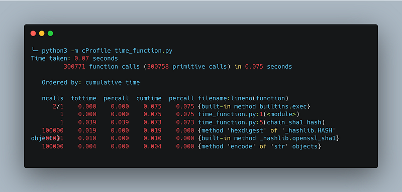 A screenshot shows the result of running the cProfile profiler from the command line.