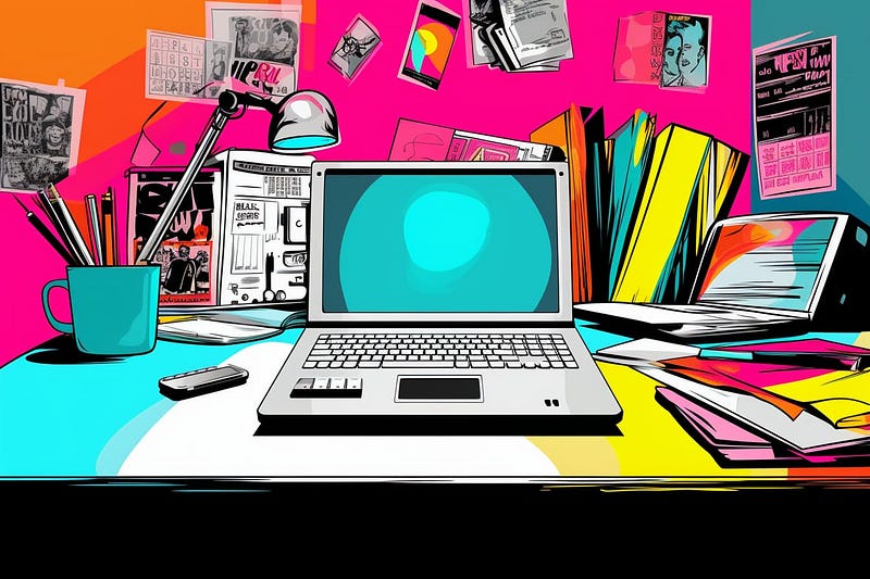 pop art illustration of an efficient person’s work desk