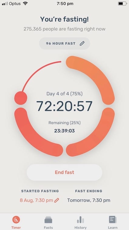 Tracking an extended fast with the Zero fasting app. The app shows 72-hours and 20 minutes spent fasting.