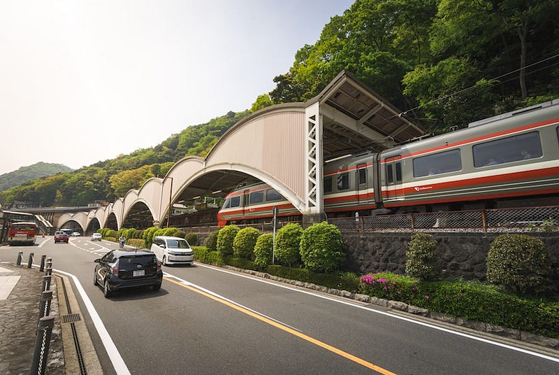 Odakyu’s Romance Car pulls into Hakone Yumoto Station in Kanagawa Prefecture