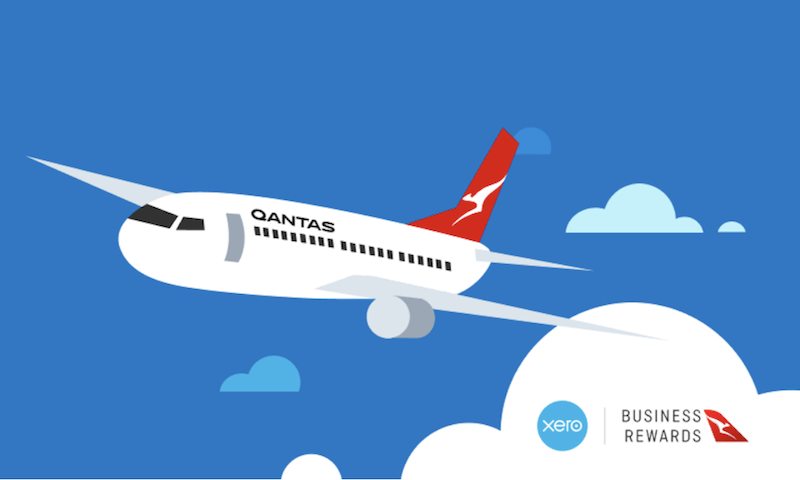 cartoon Qantas plan flying through blue sky with clouds and Xero and Qantas Business Rewards logos