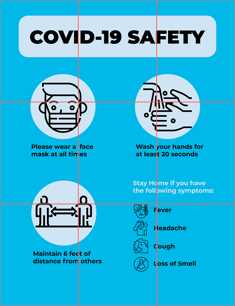 A Coronavirus safety information poster designed using the rule of thirds. The rule of thirds in design is used to concentrate the most important information and graphics along the central intersecting points.