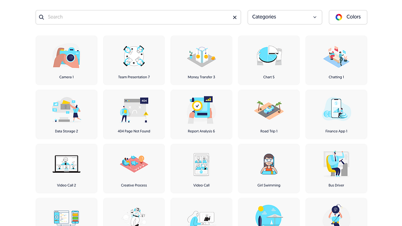 2,500+ flat and isometric illustrations. Best for business and technology contexts.