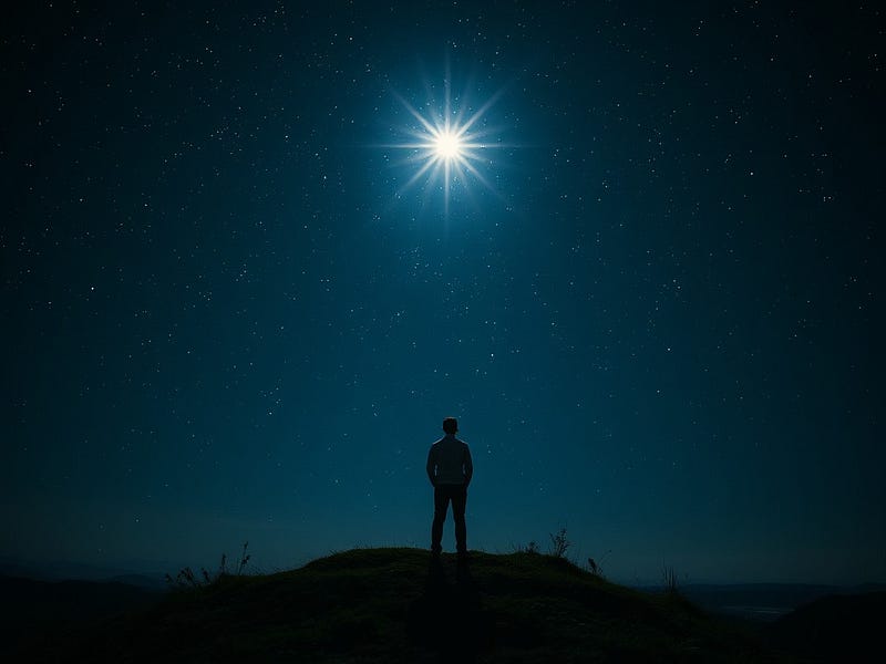 A person standing on a hilltop at night, looking up at a bright, guiding star in a sky full of possibilities, with a path illuminated before them.