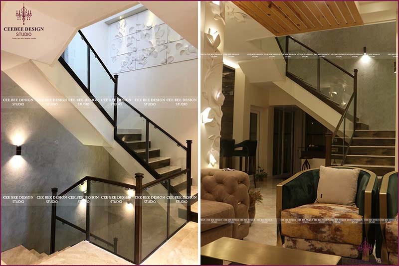 A glimpse into a home’s interior design, featuring two pictures of a living room and a staircase.