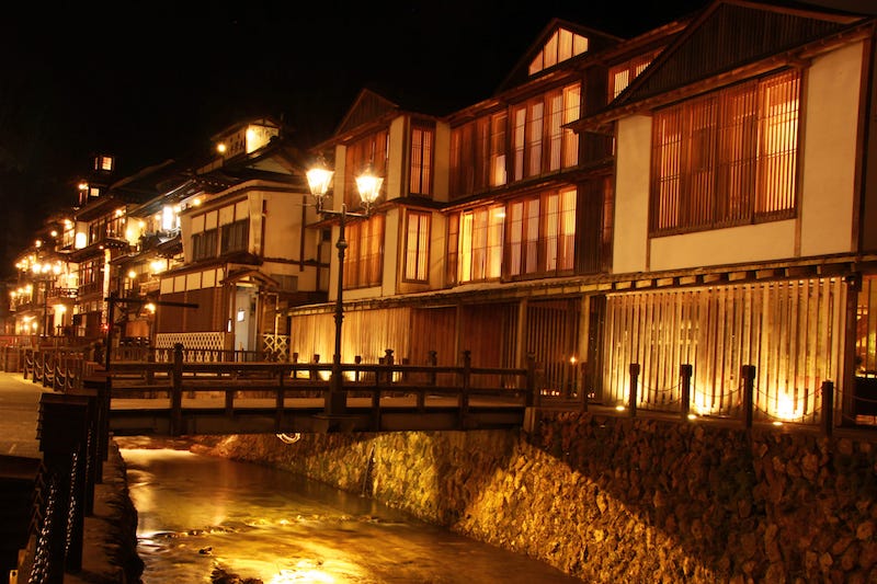 A bunch of ryokan in Japan line the river at Yamagata Prefecture’s Ginzan Onsen