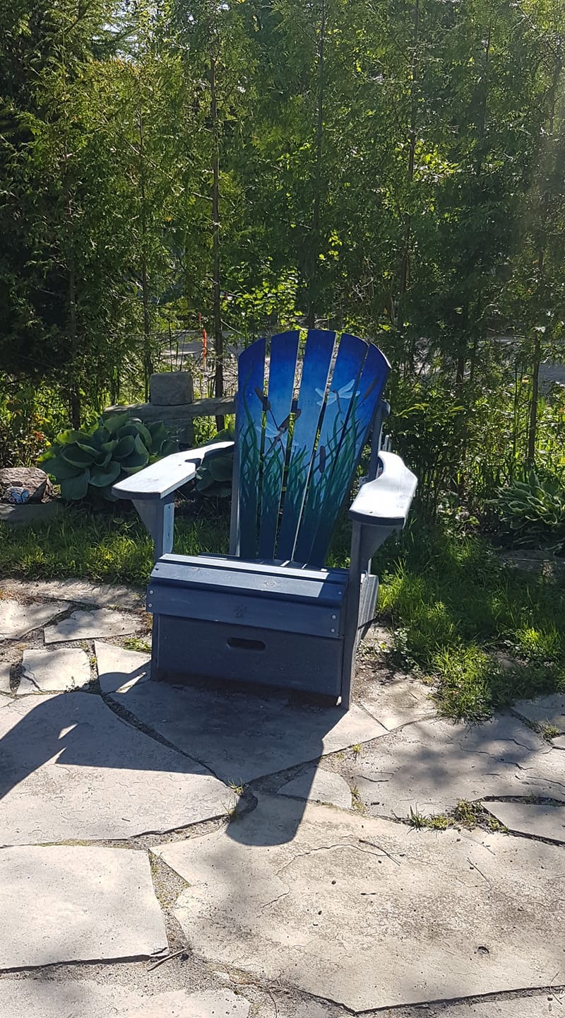 A photo of the chair Bailey’s sister painted for their Mom. It is a “Muskoka chair” painted in blues, purples, and with dragonflies on it.