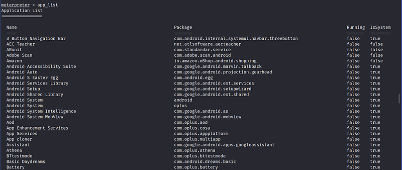 Use and output of app_list command.