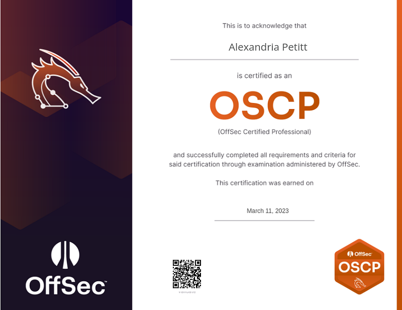 Picture of my OSCP certification