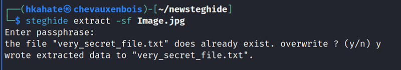 Extracting the secret message from the image and writing on the text file.