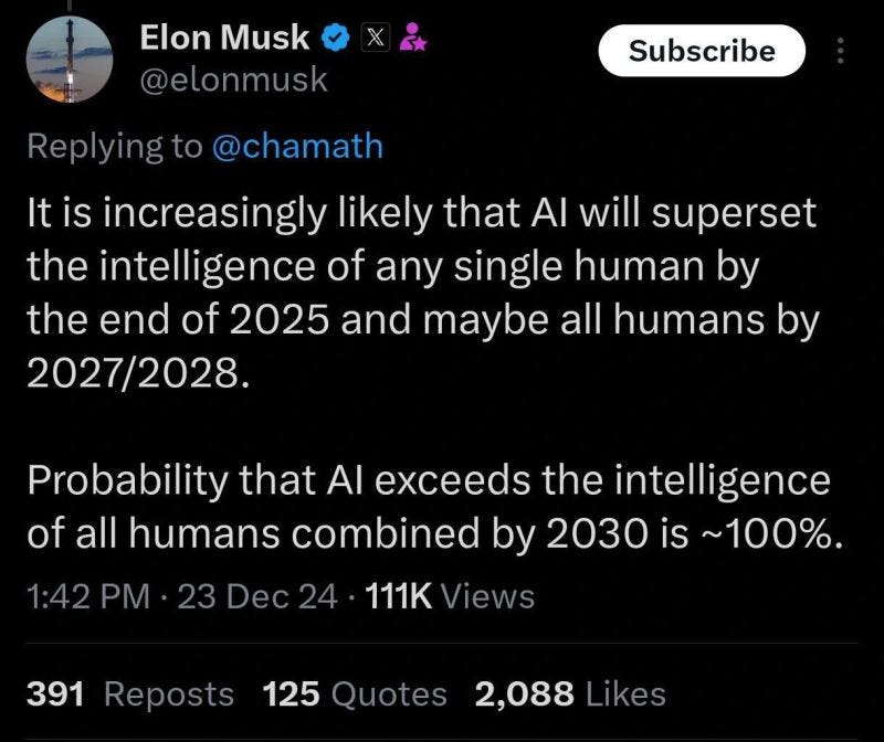 An Elon Musk post claiming that artificial intelligence (AI) will “superset” the intelligence of any single human by the end of 2025 and maybe all humans by 2027/2028