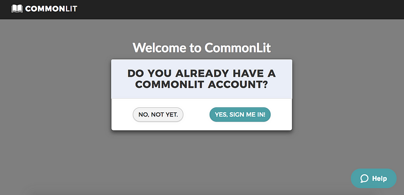 CommonLit's account welcome page. 
