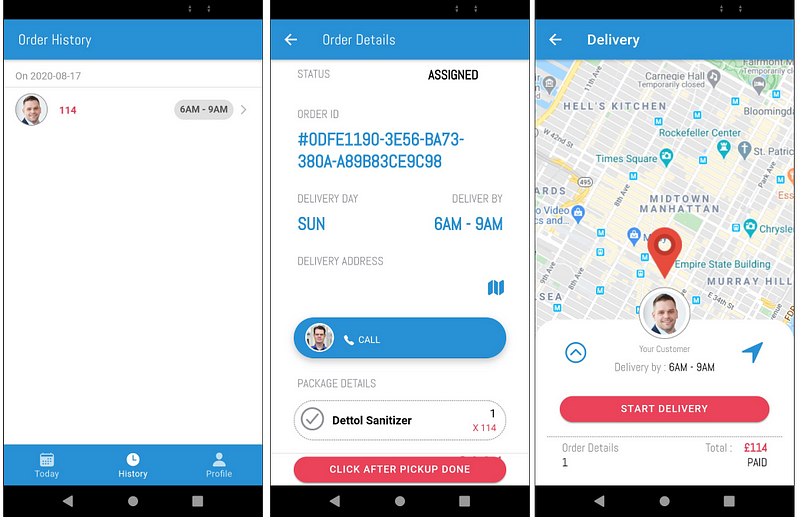 Order history, order details and delivery map view pages of Ionic Grocery Delivery person app — Ionic Grocery Delivery Platform