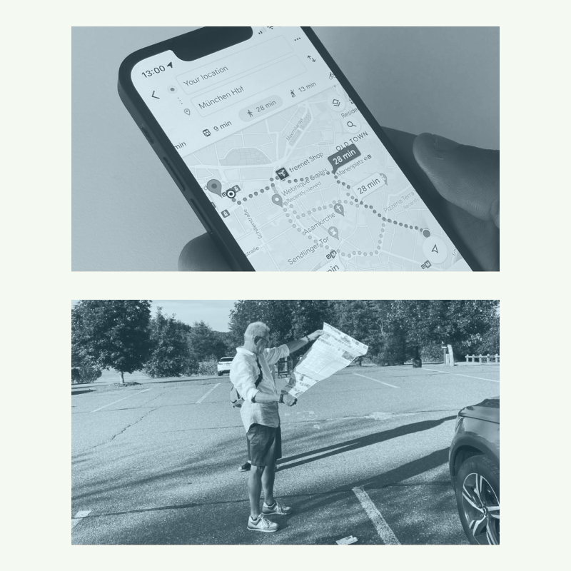 A comparison between modern navigation tools and traditional methods. The top image shows a smartphone displaying GPS directions, while the bottom image features a person using a paper map for navigation. This illustrates the evolution from static to dynamic journey planning.