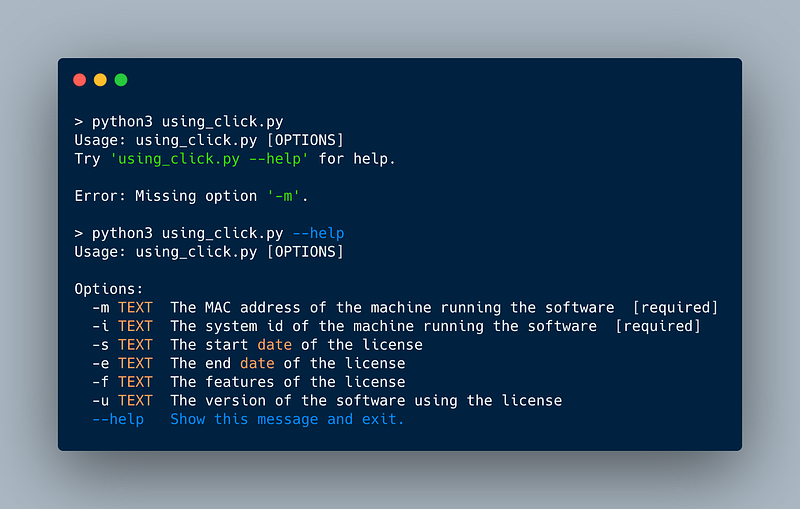 Screenshot that shows the help screen when using Click