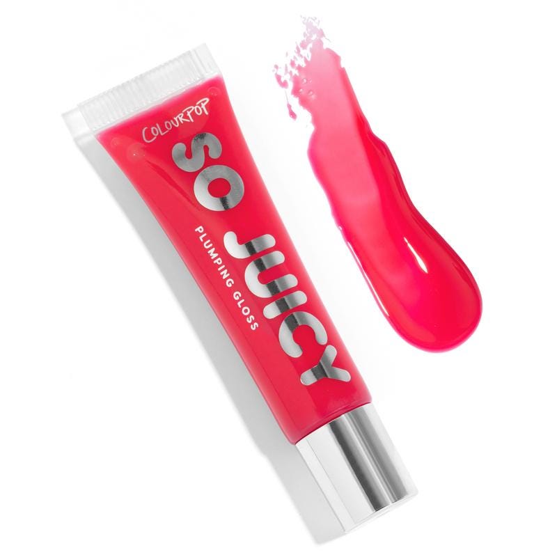 A tube of Colourpop’s So Juicy lip gloss in the color Make It Savvy (hot pink) with a swatch next to it.