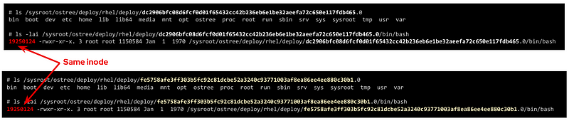 RHEL for Edge /bin/bash hard links to the same inode since there were not changed between deployments