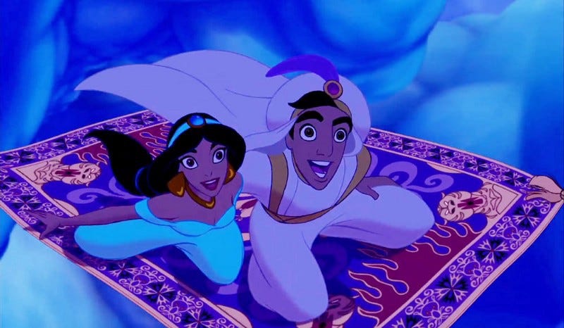 Princess Jasmine and Aladdin on a magic carpet ride.