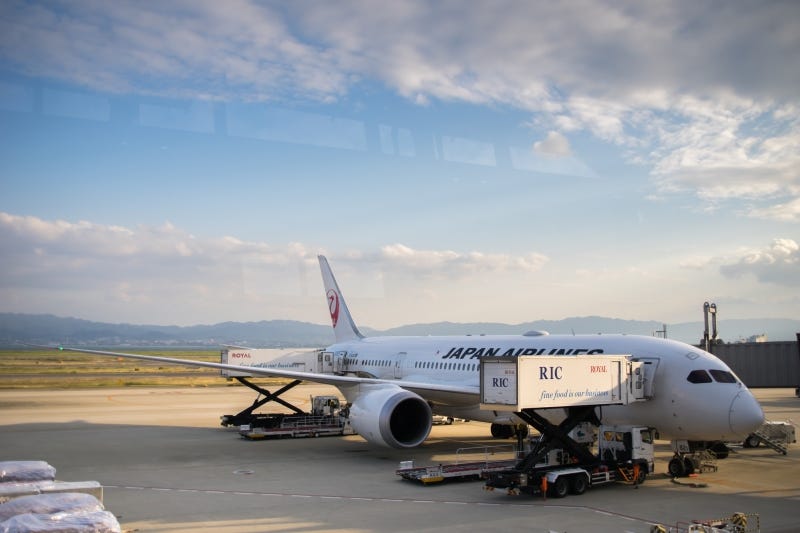 A Japan Airlines flight waits at the gate