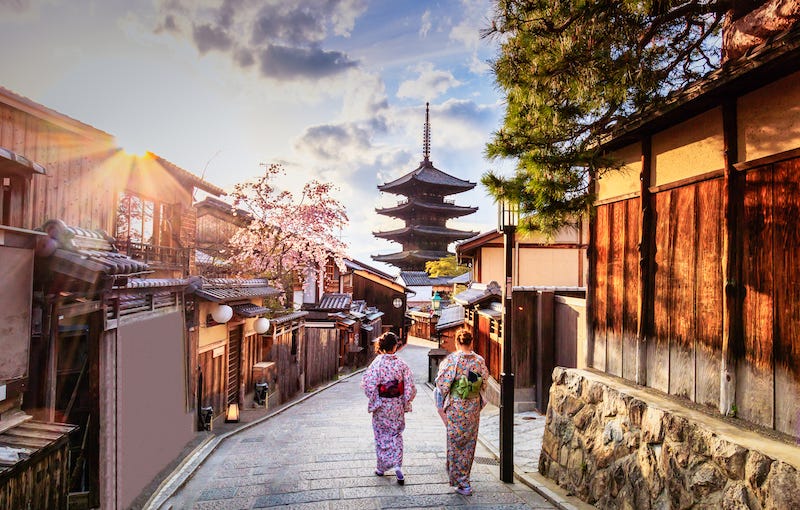 Two tourists wearing kimono visit Kyoto after the coronavirus pandemic