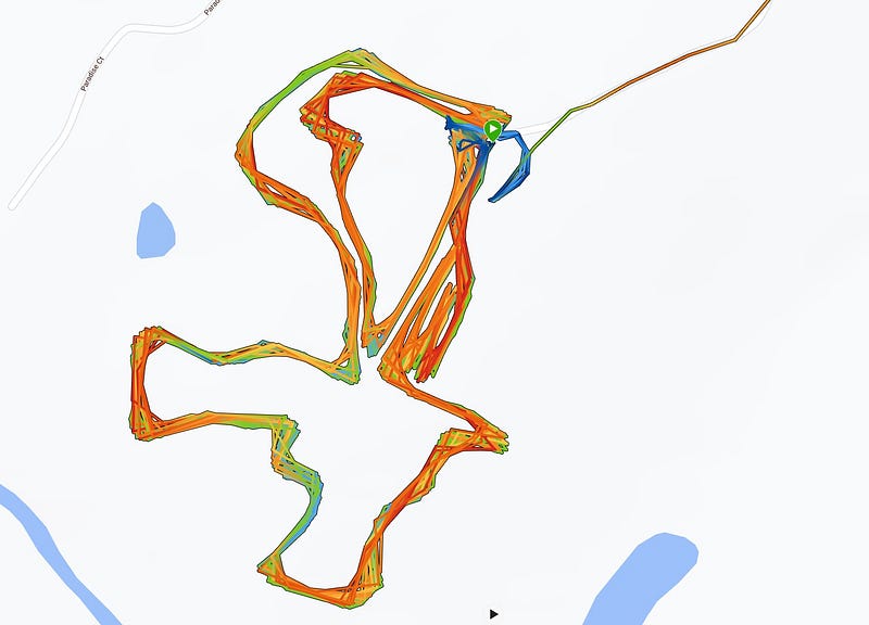 Squiggly line showing many laps of an ultramarathon loop