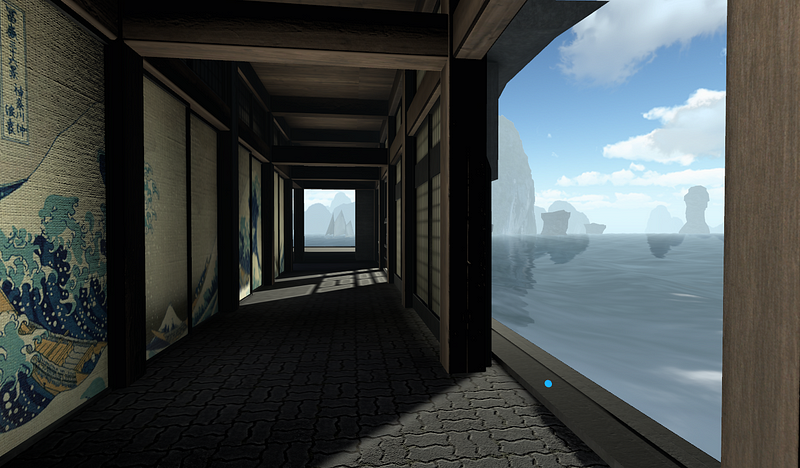 A beautiful, serene view down a long hallway, one wall is a large window looking out onto a quiet ocean.