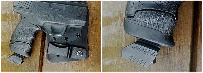Mantis X10 Elite adhesive rail section attached to bottom of magazine.