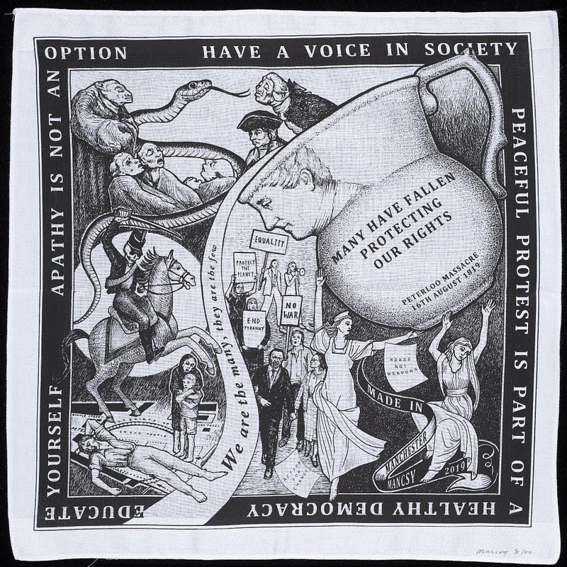 Stylised handkerchief with pacifist and activist imagery, including scenes from the Peterloo Massacre. A vase is inscribed ‘many have fallen protecting our rights’.