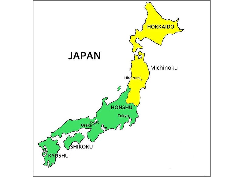 Map showing the location of Michinoku in the north of Japan and Hiraizumi in roughly its center.