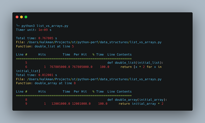 A screenshot of the result of comparing the numerical performance of a Numpy array vs a Python list