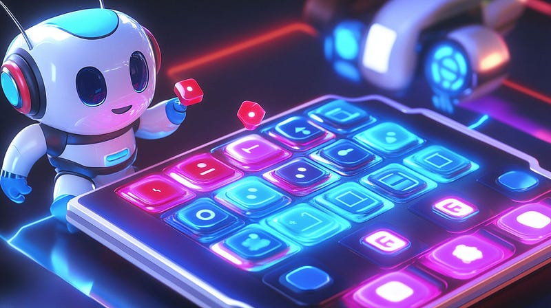 A 3D rendered scene of a cute white robot with blue accents and headphones, playfully hovering over a Stream Deck device. The
