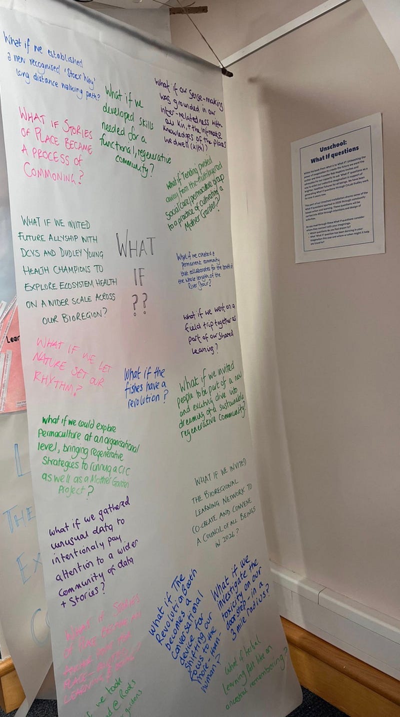 What if Questions layer of Dudley People’s School for Climate Justice counter-map — tracing paper suspended from the ceiling with the partner what if questions wirtten in differnt colours