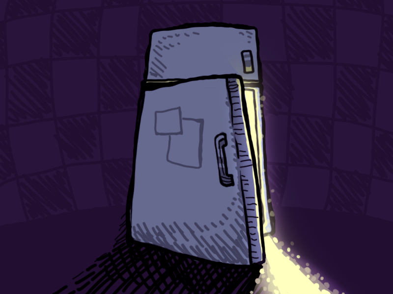 A fridge in the dark cracked open to reveal a bright mysterious light.