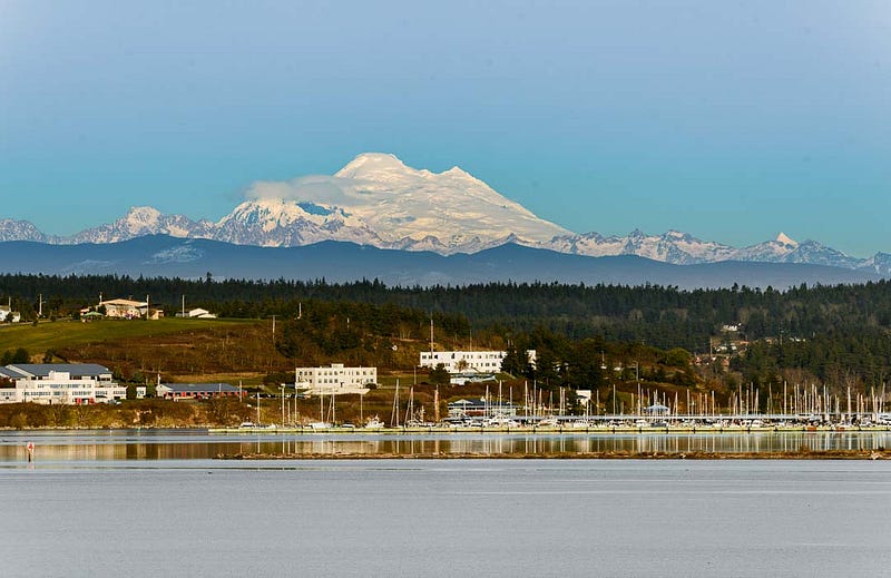 Photograph of Oak Harbor marina with Mt. Rainier in the background