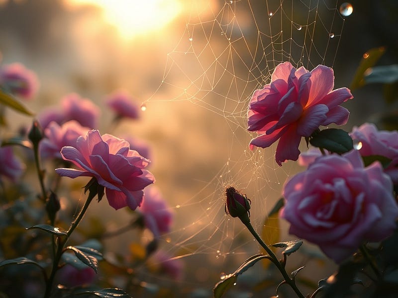 A misty garden at sunrise, with dewdrops catching the first light, spider webs glistening between roses — symbolising the delicate networks of creativity waiting in solitude.